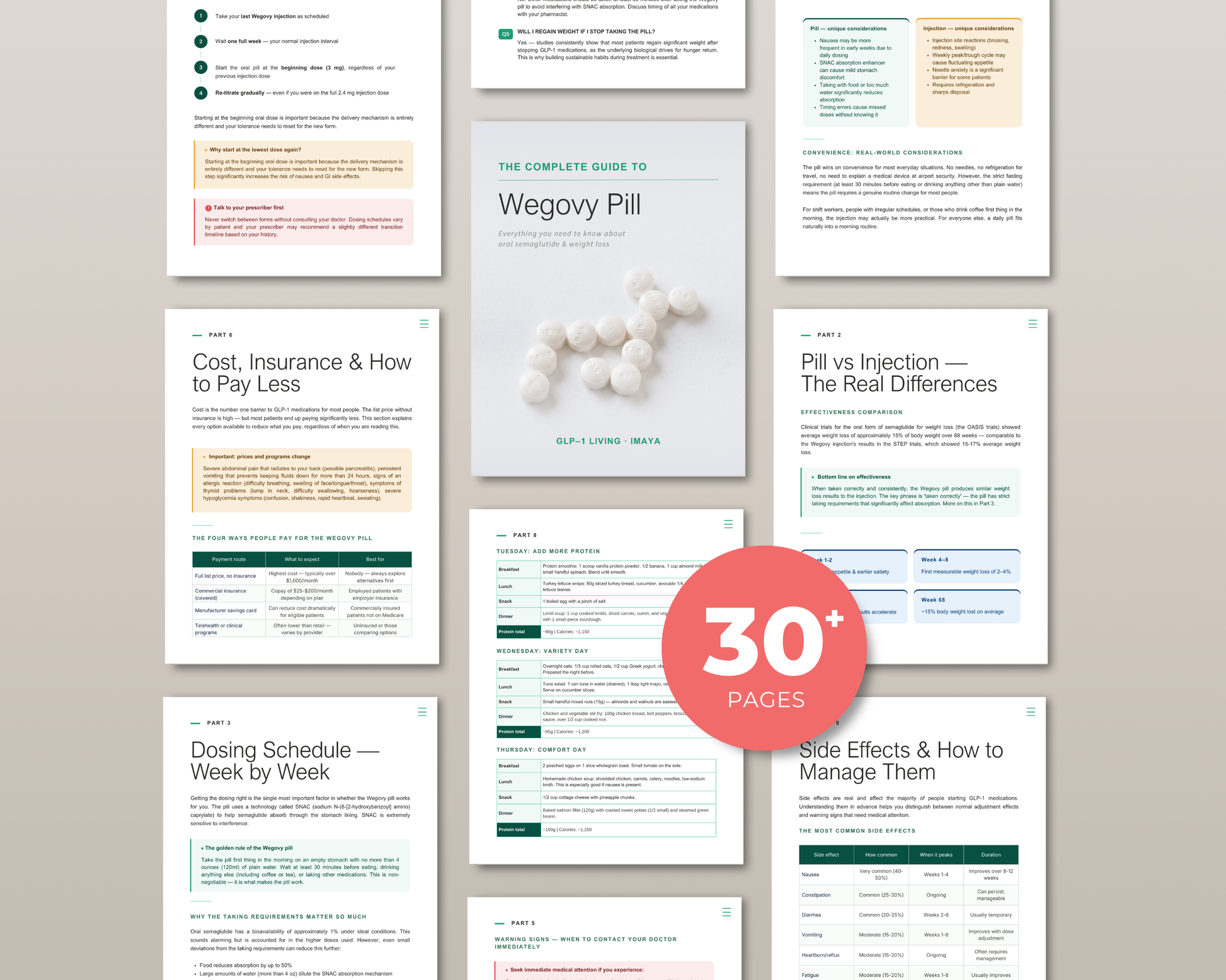 Open spread of the semaglutide pill guide showing diet tips and dosing sections