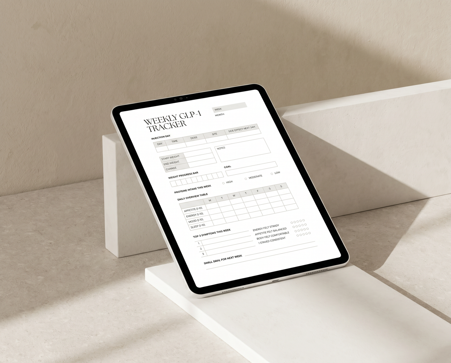 Printable weekly weight loss tracker in Warm Beige — for Ozempic and Wegovy users