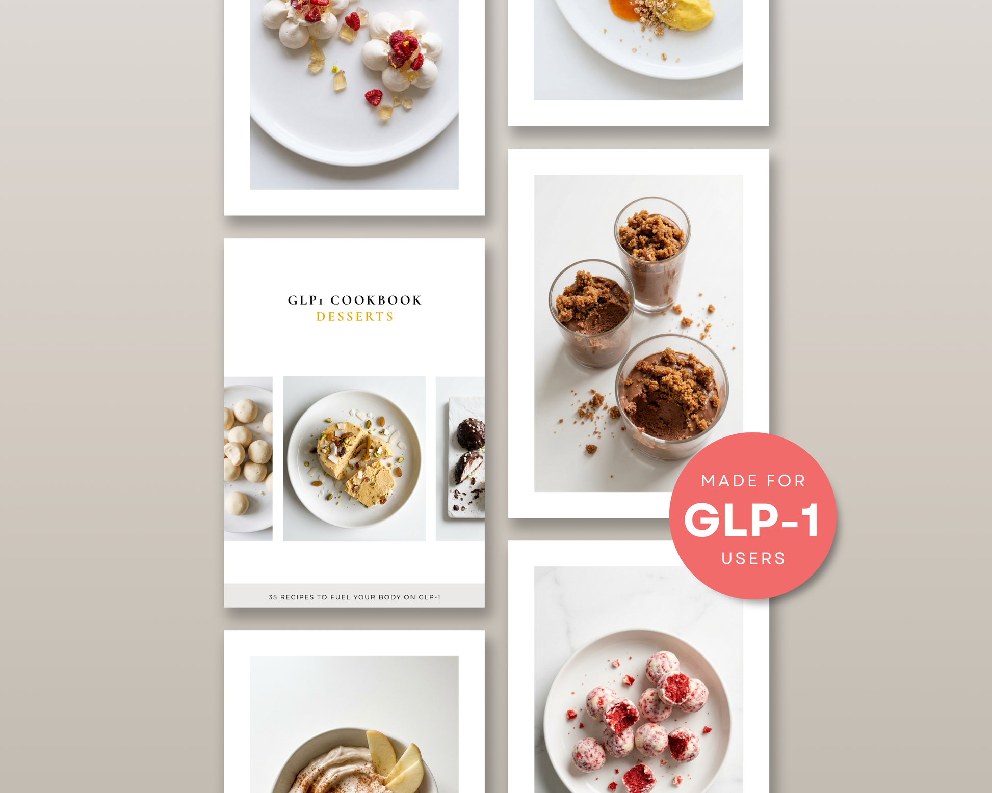 Tablet showing open GLP-1 desserts cookbook with day-one recipe and small-serving tip