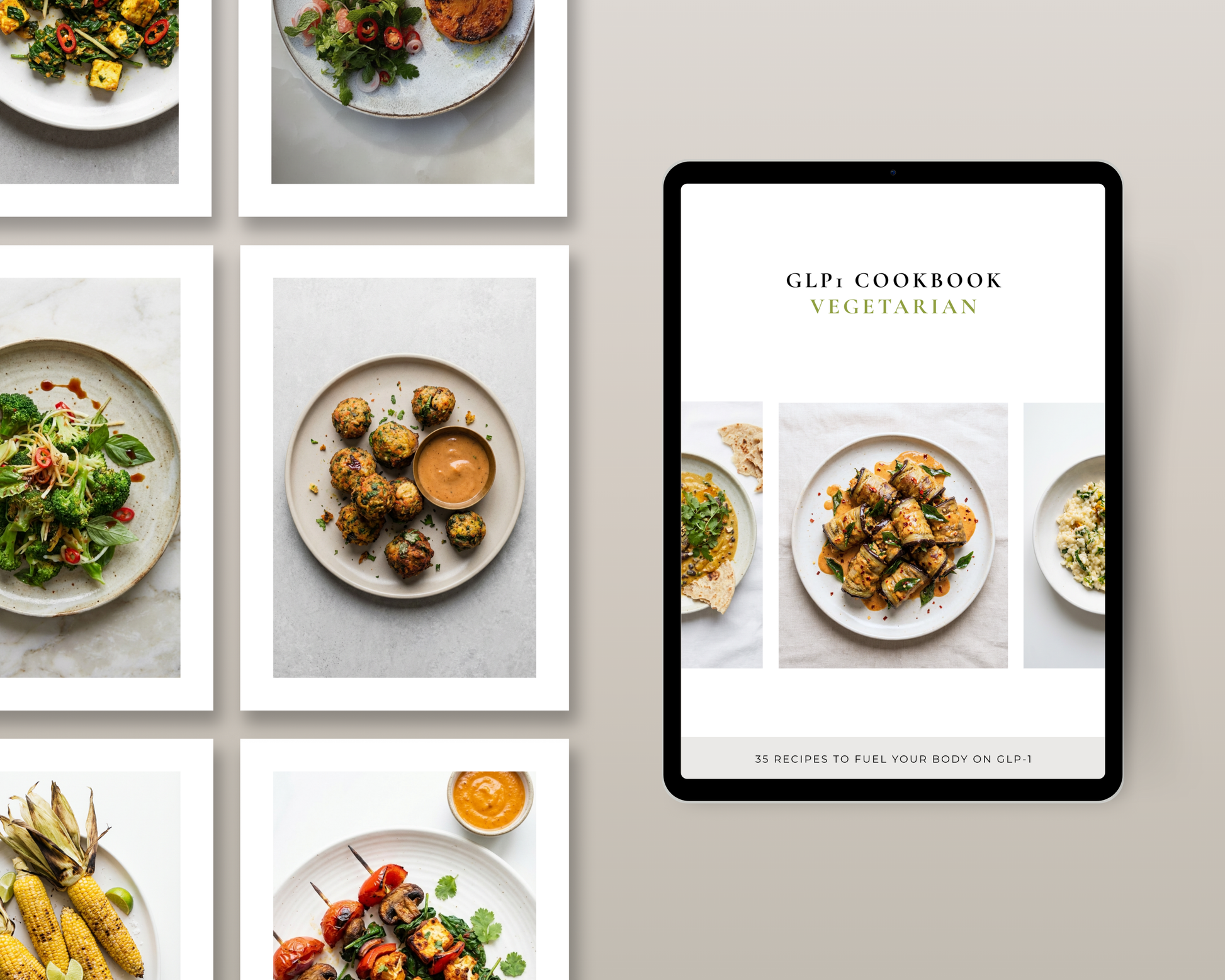 Woman reviewing the GLP-1 Vegetarian Cookbook on her phone at the kitchen counter