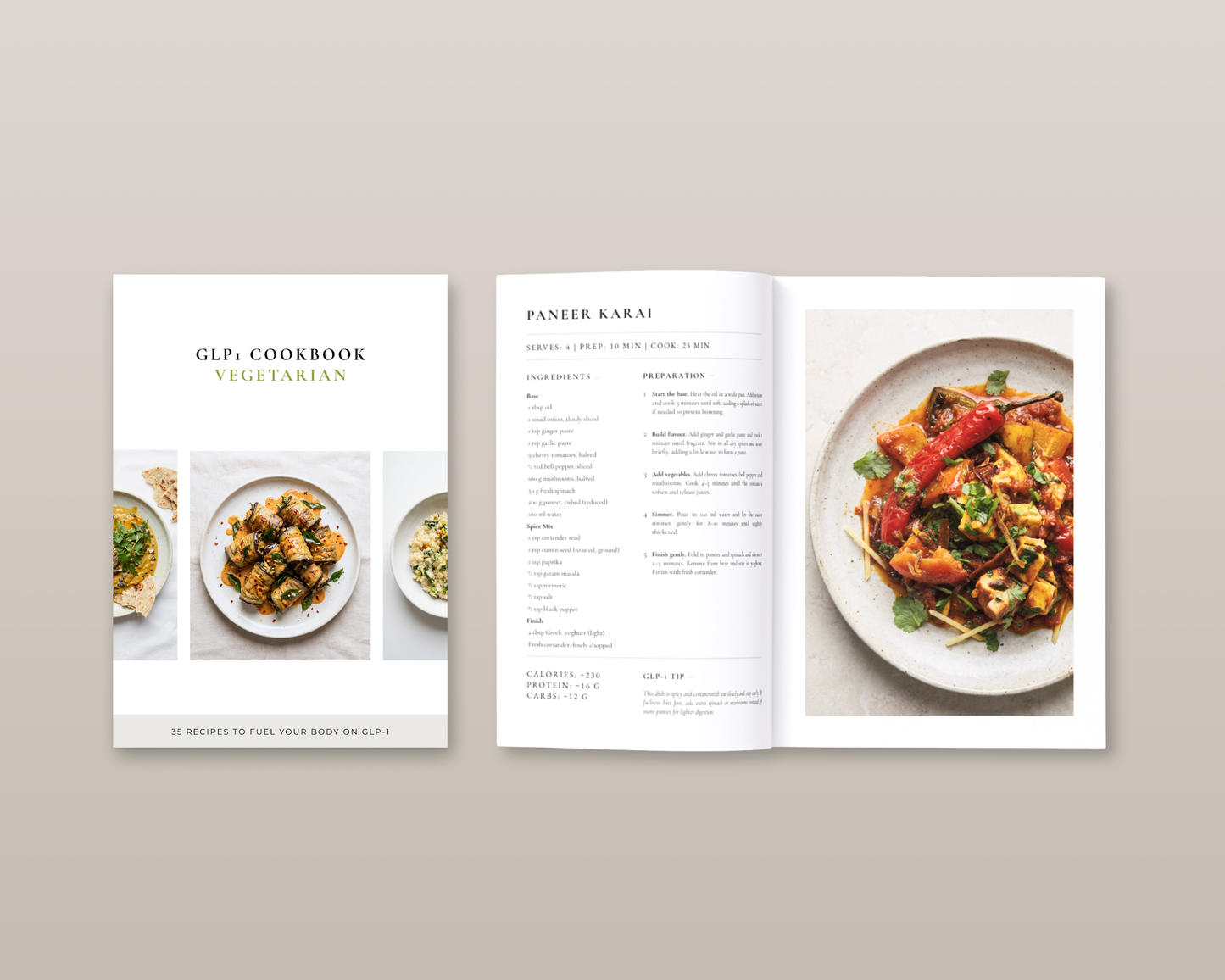 Plant-based meal prep guide open to a weekly GLP-1 meal planning page
