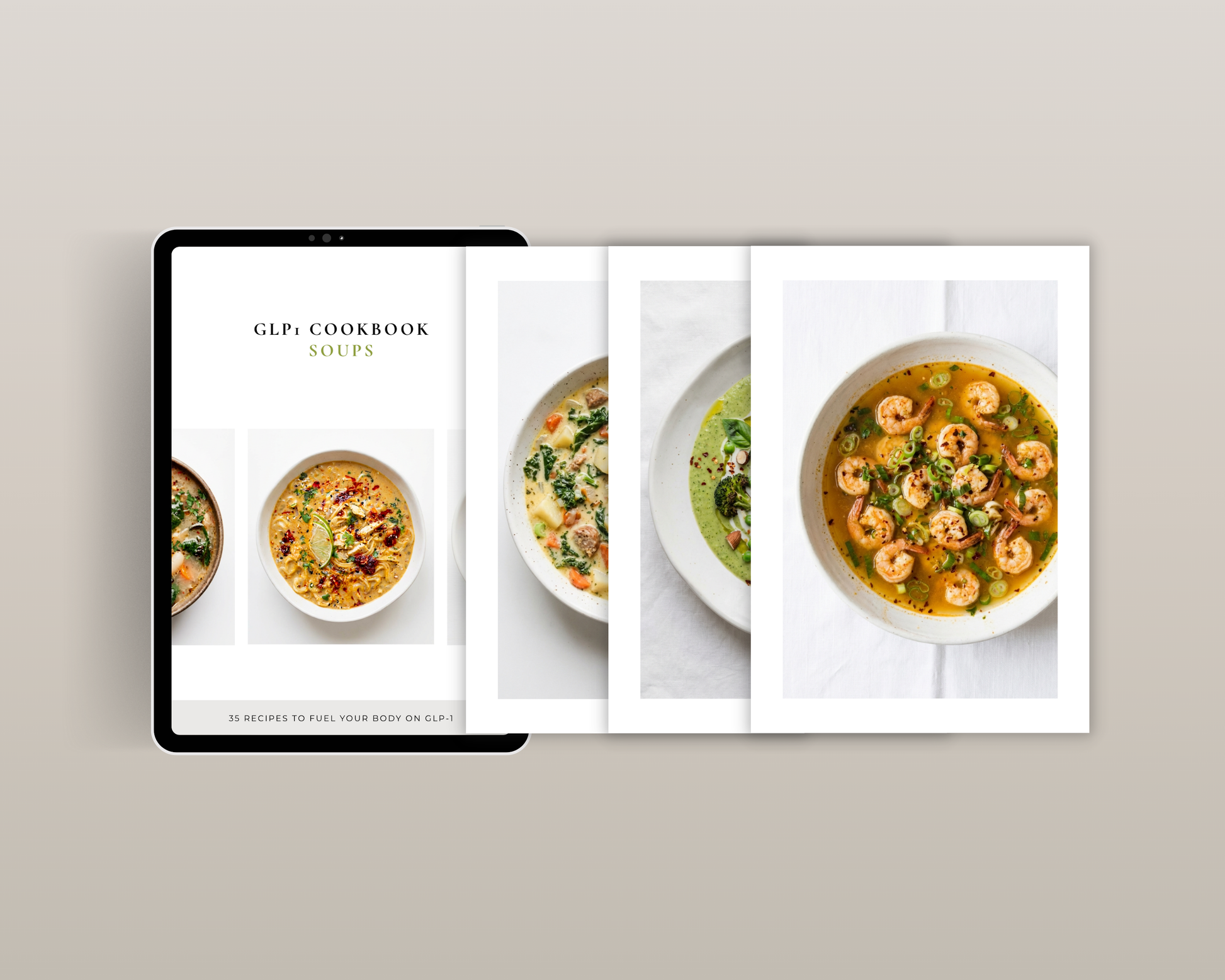 Flat lay lifestyle shot of the Ozempic meal ideas cookbook with a bowl of soup