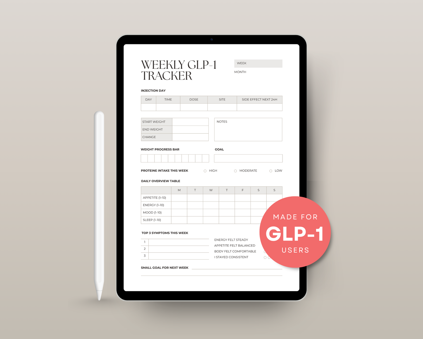 Weekly GLP-1 tracker printable cover in Black & Rose — 7-day weight loss log PDF