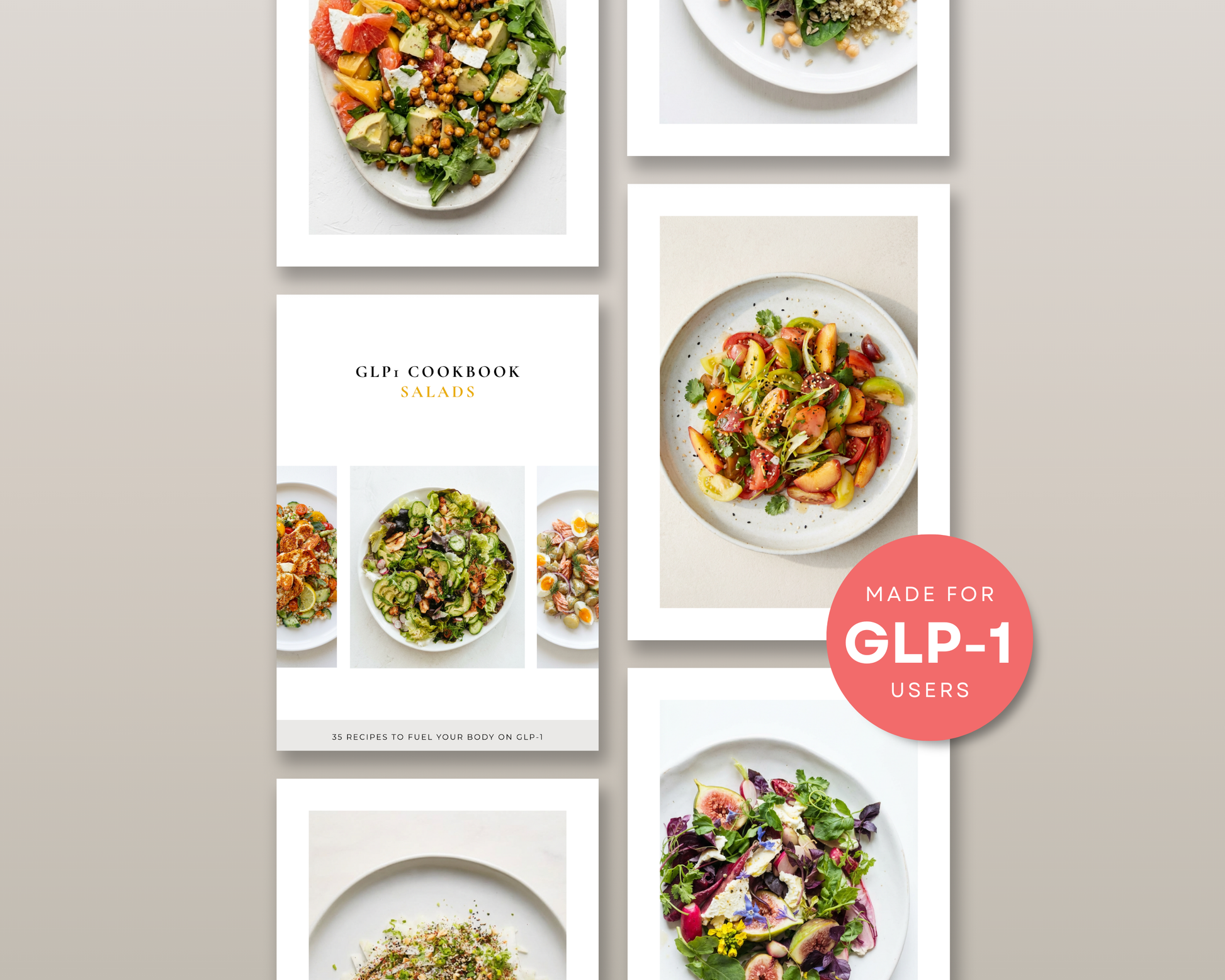 Inside page of GLP-1 salad cookbook showing a high-protein lunch recipe with nutrition tips
