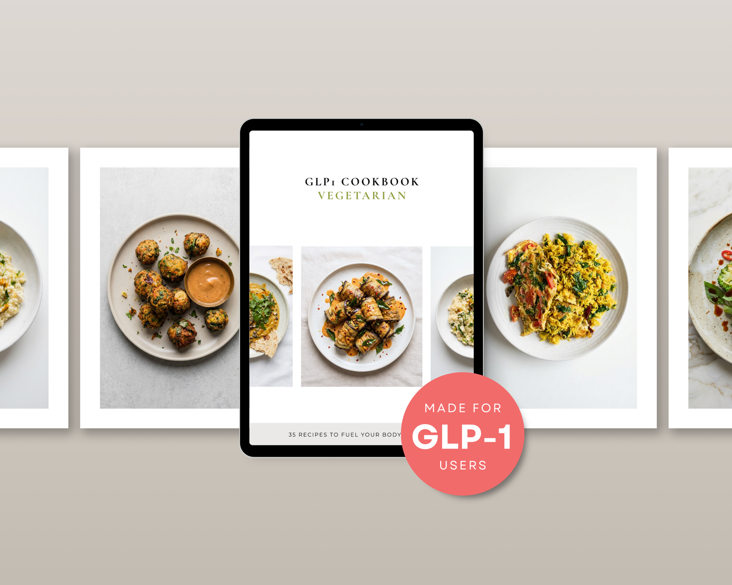 Tirzepatide-friendly vegetarian meals shown in cookbook recipe page mockup