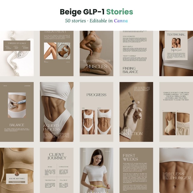 glp1 social media template, Canva editable Instagram kit Tirzepatide Semaglutide weight loss for medspas clinics download, beige Aesthetic