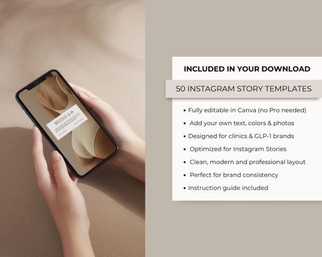 glp1 social media template, Canva editable Instagram kit Tirzepatide Semaglutide weight loss for medspas clinics download, beige Aesthetic