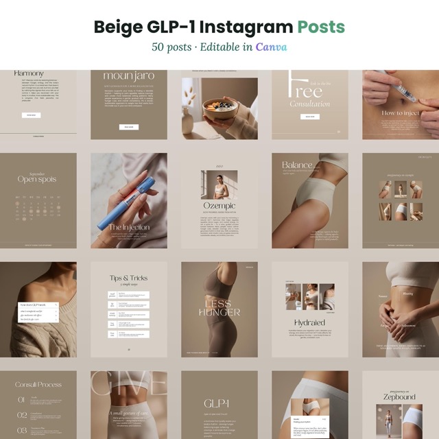 Instagram Posts GLP-1 | 50 Beige Aesthetic Templates |  Medspa Editable Canva Designs