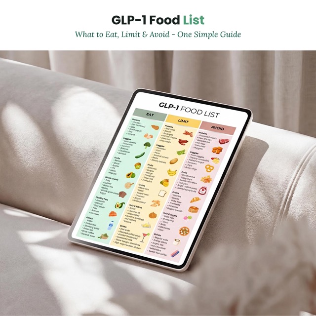 GLP-1 Eat, Limit, Avoid Food Guide | Tirzepatide Weight Loss Food List | Semaglutide Grocery List | Food Chart for GLP1 Users
