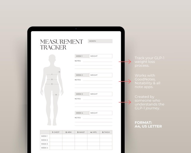 GLP-1 Measurement Tracker Printable: Inch Loss Log, Body Progress Chart (Digital Download)