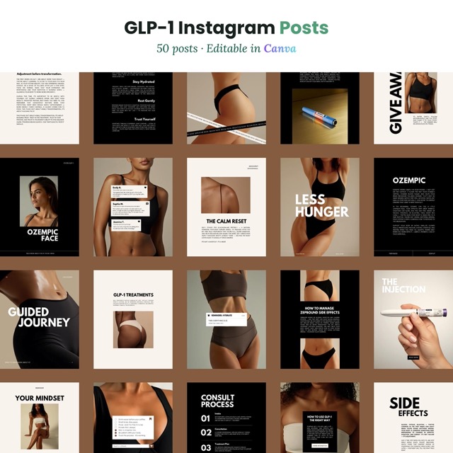 GLP-1 Instagram Templates, Editable Canva Weight Loss Posts | Medical Weight Loss Clinic & Medspa Social Media Kit