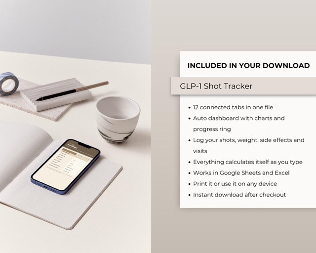 GLP-1 Shot Tracker Google Sheets, Injection, Weight & Side Effect Log (Excel Compatible)