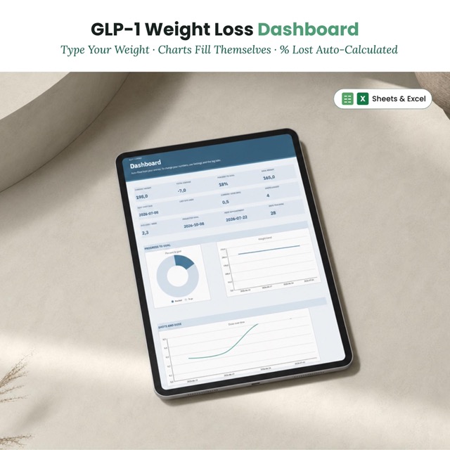 GLP1 Weight Loss Spreadsheet Shot Tracker Google Sheets Dashboard with Automatic Charting for Semaglutide Tirzepatide Percent Lost