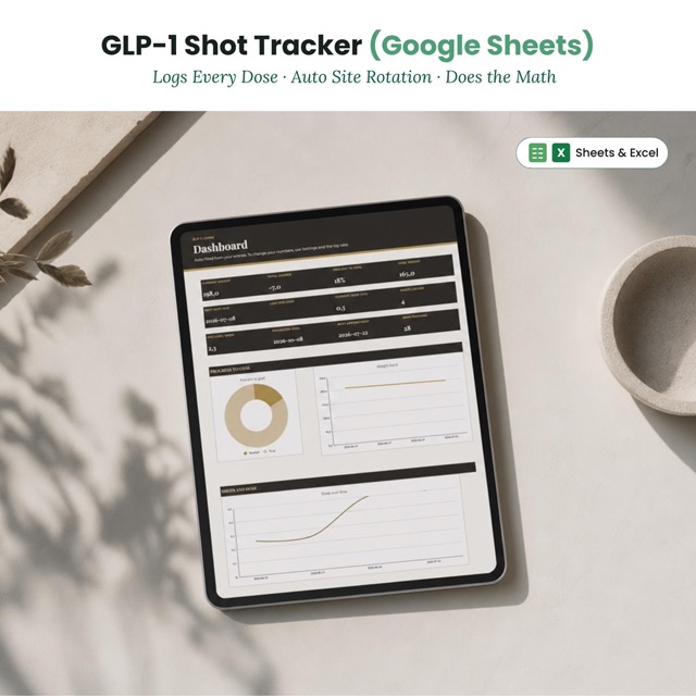 GLP1 Shot Tracker Google Sheets Injection Dose Site Rotation Log for Semaglutide Tirzepatide Weight Loss Spreadsheet Auto Calculating