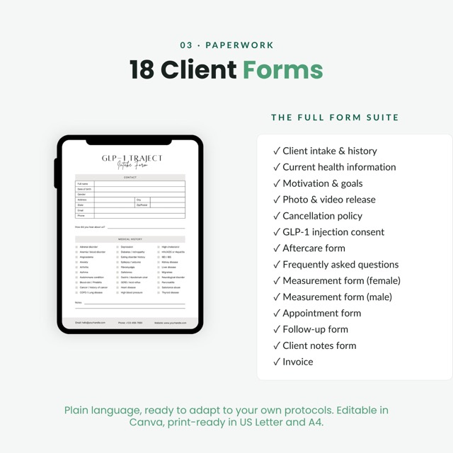 GLP-1 Practitioner Kit for Medspa & Weight Loss Clinics, Intake + Consent Forms, 100 Instagram Canva Templates, Patient Handouts