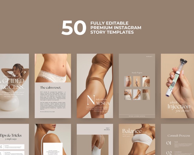 Aesthetic Instagram Templates for Health Coach & Medspa | Weight Loss Clinic Canva Bundle | 100 Posts + Stories Boho Neutral Feed Style