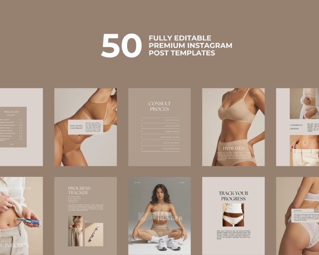 Aesthetic Instagram Templates for Health Coach & Medspa | Weight Loss Clinic Canva Bundle | 100 Posts + Stories Boho Neutral Feed Style