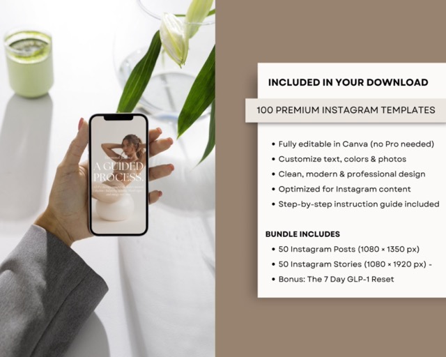 Aesthetic Instagram Templates for Health Coach & Medspa | Weight Loss Clinic Canva Bundle | 100 Posts + Stories Boho Neutral Feed Style