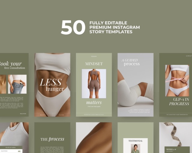 Health Coach Instagram Templates Green Aesthetic | Nutrition & Weight Loss Coach Canva Bundle | 100 Posts + Stories Fresh Wellness Content