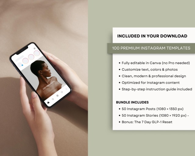 Health Coach Instagram Templates Green Aesthetic | Nutrition & Weight Loss Coach Canva Bundle | 100 Posts + Stories Fresh Wellness Content