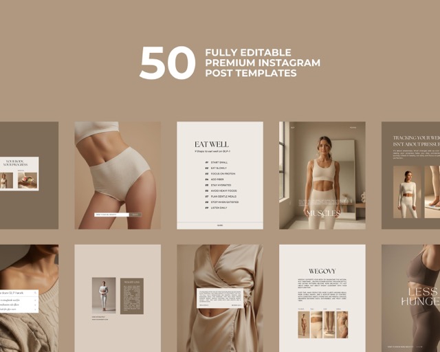 Beige Minimal Instagram Templates | Med Spa & Health Coach Weight Loss Canva Bundle | 130 Posts Stories + Video Reels Clean Neutral Look