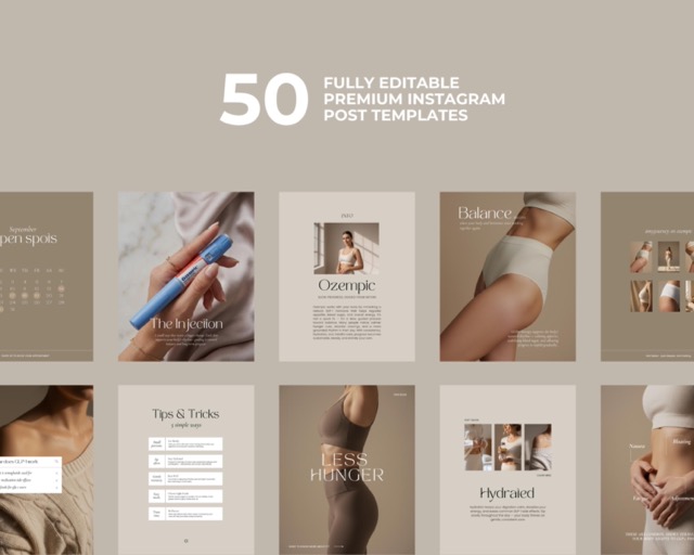 Medspa Instagram Templates Beige Aesthetic | Health Coach & Weight Loss Clinic Canva Bundle | 130 Posts Stories + Video Reels Neutral Style