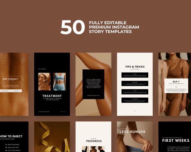 Luxury Instagram Templates for Med Spa | Weight Loss Clinic Canva Social Media Bundle | 130 Posts Stories & Video Reels Elegant Style