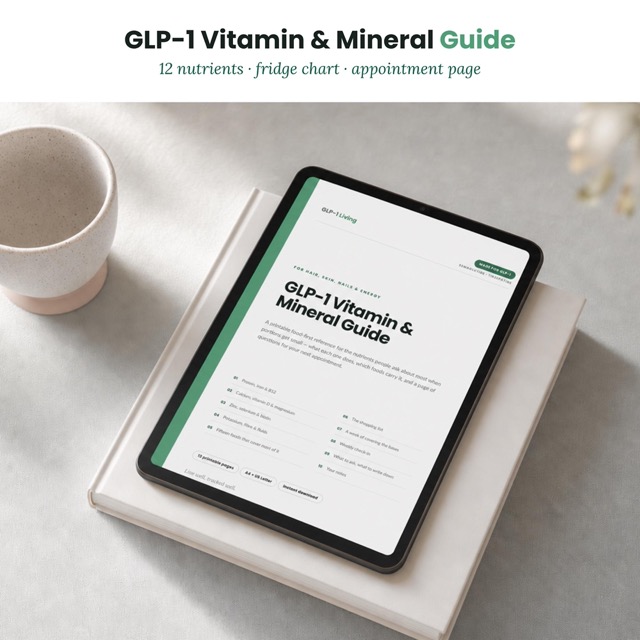 GLP-1 Vitamin and Mineral Guide | Nutrient Food Chart for Semaglutide & Tirzepatide | Hair Skin and Nail Food List Printable PDF
