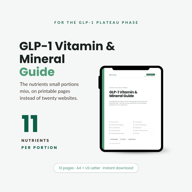 GLP-1 Vitamin and Mineral Guide | Nutrient Food Chart for Semaglutide & Tirzepatide | Hair Skin and Nail Food List Printable PDF