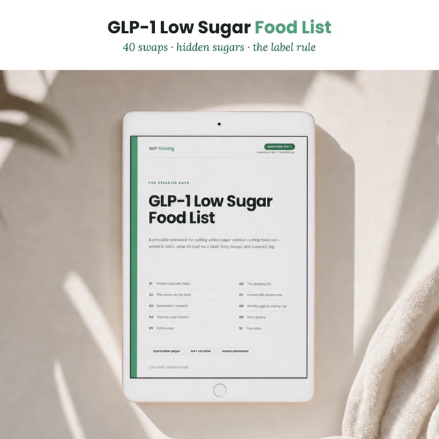 GLP-1 Low Sugar Food List | Sugar Free Chart for Semaglutide & Tirzepatide | Hidden Sugar Guide with 40 Food Swaps Printable PDF