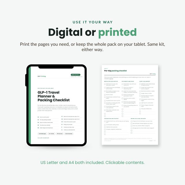 Planner shown on a tablet next to a printed packing checklist page