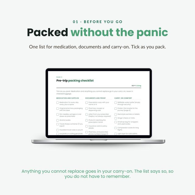 Pre trip packing checklist for medication, documents and carry on shown on a laptop screen