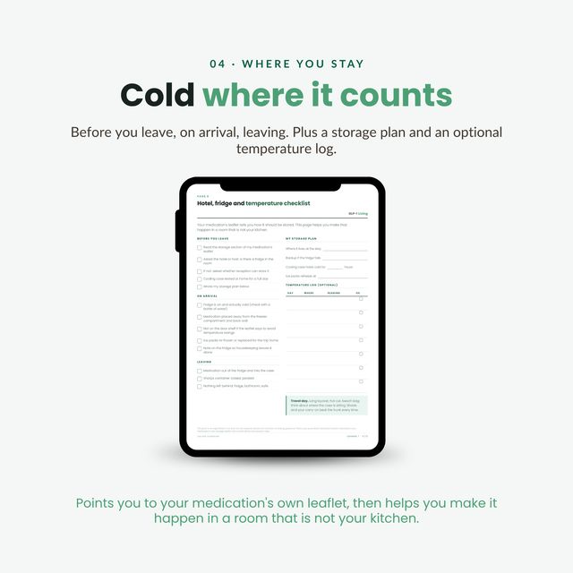 Hotel, fridge and temperature checklist page for storing medication while you stay