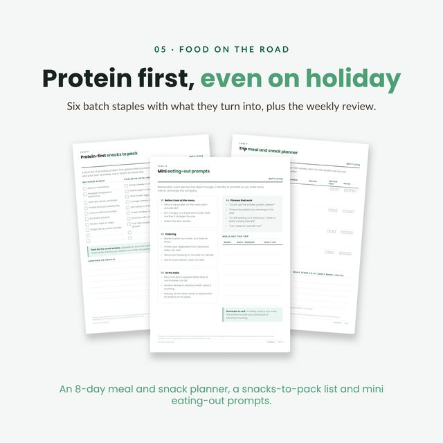 Protein first trip meal planner, snacks to pack list and mini eating out prompts