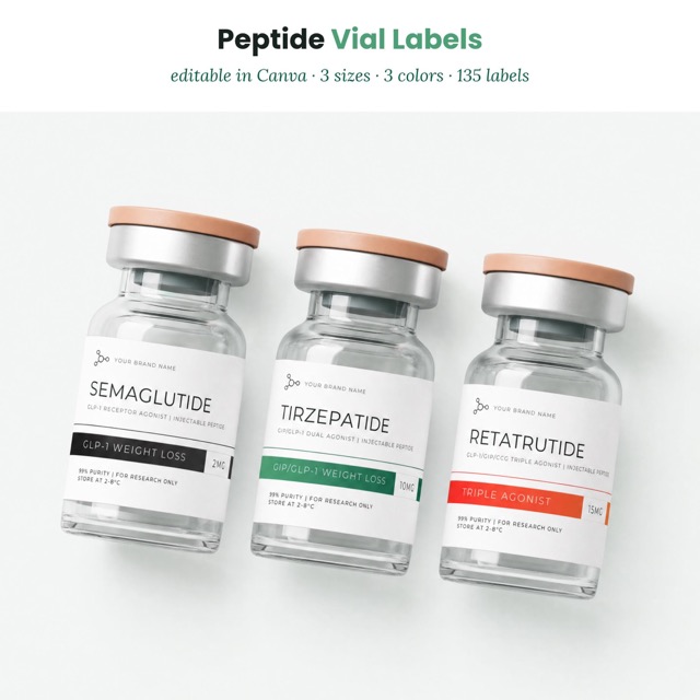Three glass peptide vials with red, green and black printed labels, showing the peptide vial label template set in three colors