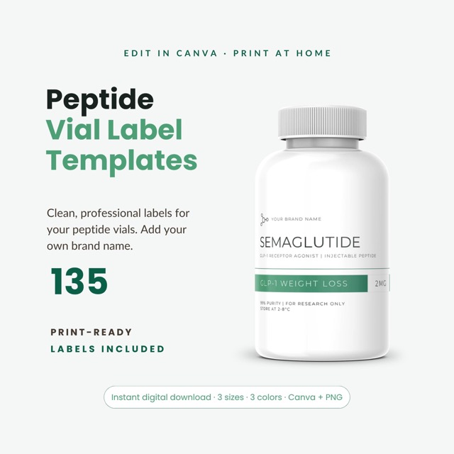 Peptide vial label templates cover with a white semaglutide label on a bottle, 135 print-ready labels editable in Canva