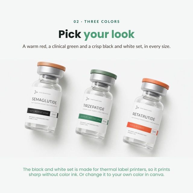 The same peptide vial label design shown in the red, green and black color versions on three vials