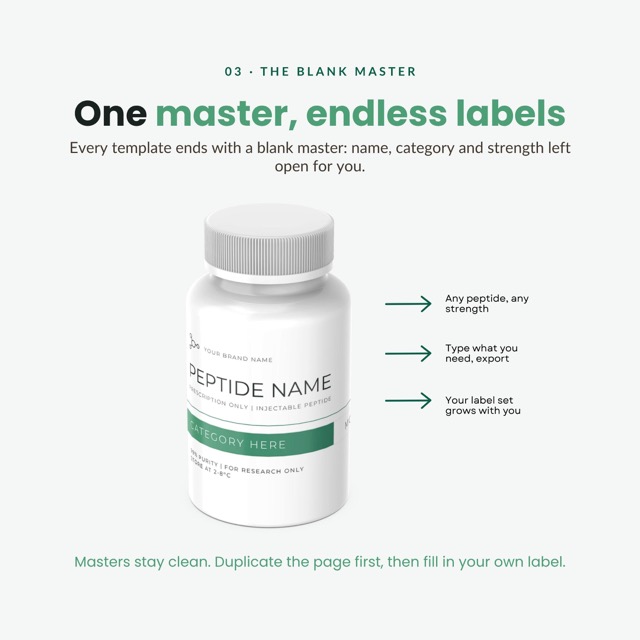 Blank master peptide label with placeholder text for name, category and mg