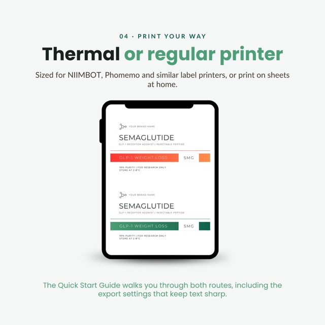 Peptide vial labels sized for Niimbot and Phomemo thermal label printers or printing on sheets at home