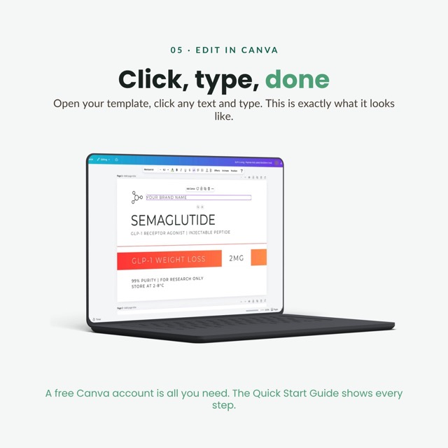 Peptide label template open in Canva with the editable name, strength and date fields highlighted