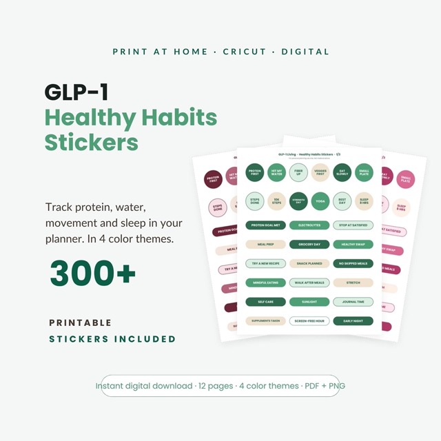 Protein, water, fiber, movement and sleep habit stickers for a GLP-1 planner