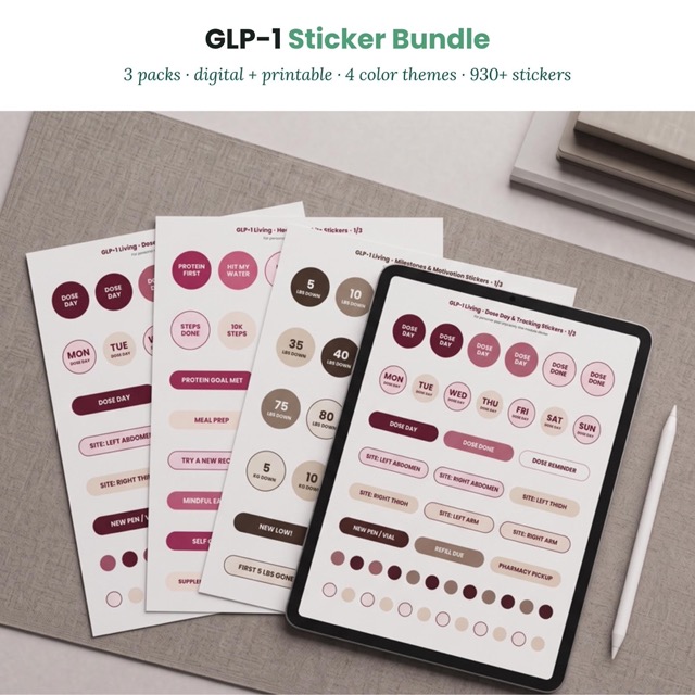 GLP-1 planner sticker bundle with all three packs in four color themes