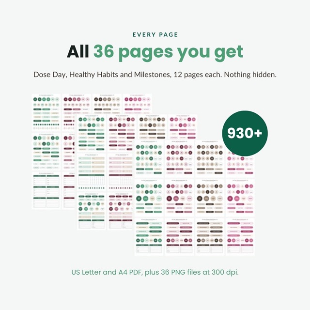 Overview of all 36 pages in the GLP-1 planner sticker bundle