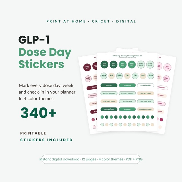 Dose day circle stickers and Monday to Sunday dose labels for a GLP-1 planner