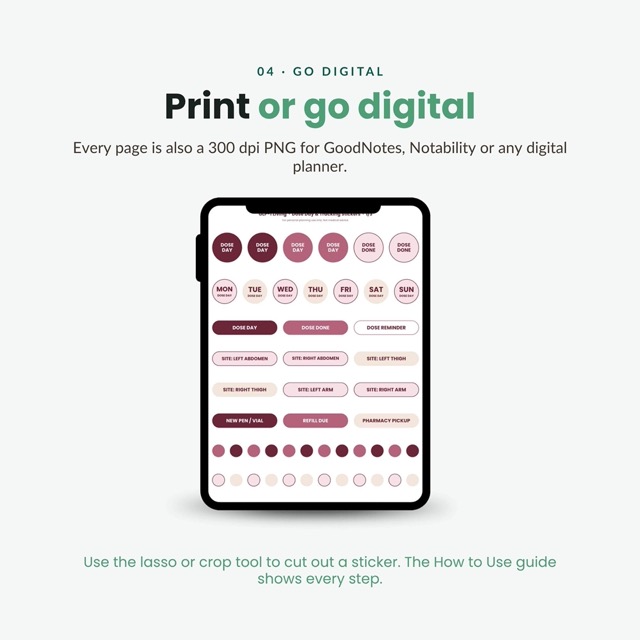 Dose day stickers in espresso taupe shown in a digital planner app