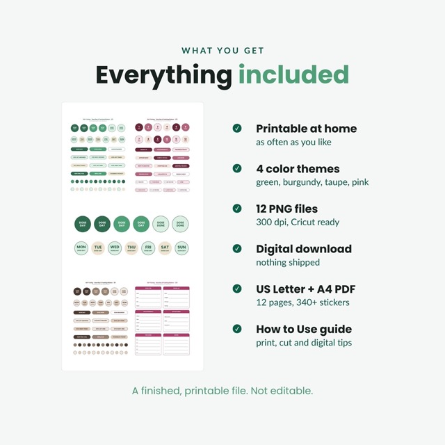Overview of all 12 dose day sticker pages across four color themes
