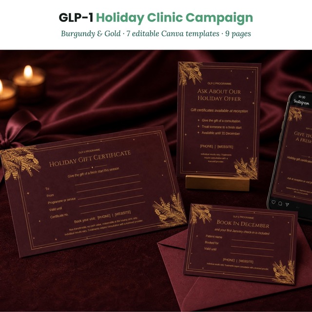 GLP-1 clinic holiday marketing bundle in burgundy and gold, shown as a flat lay of all templates