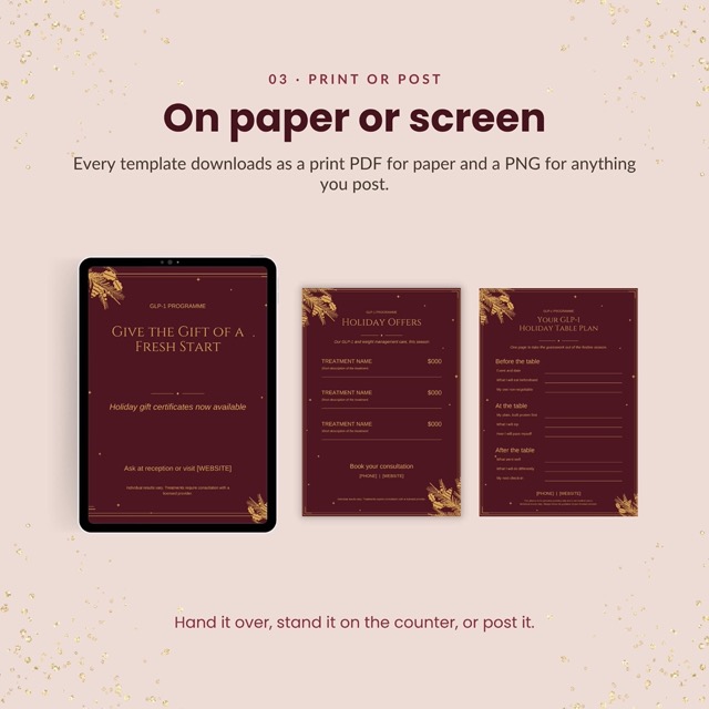 Holiday treatment price list template in burgundy and gold for a weight loss clinic reception desk