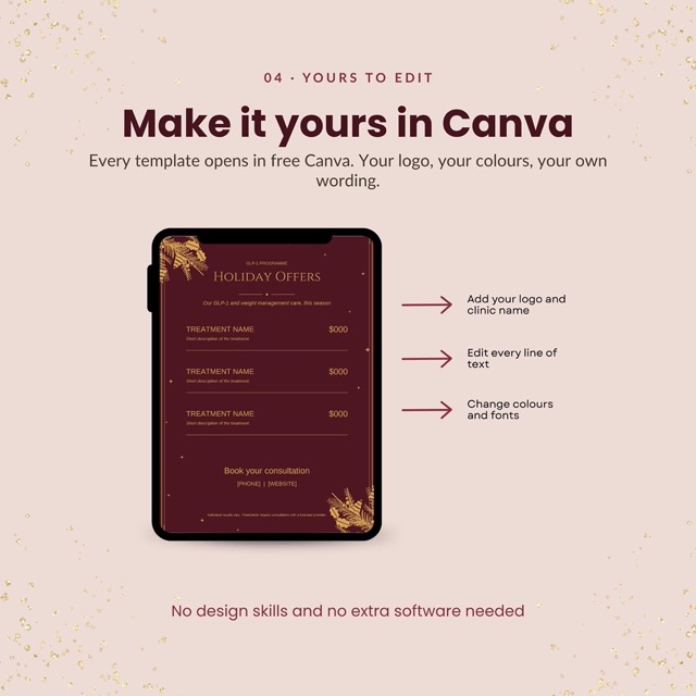 Holiday offers flyer template in burgundy and gold for a GLP-1 program