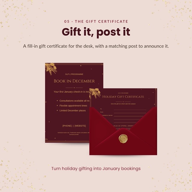Gift certificate template in burgundy and gold for a med spa or weight loss clinic
